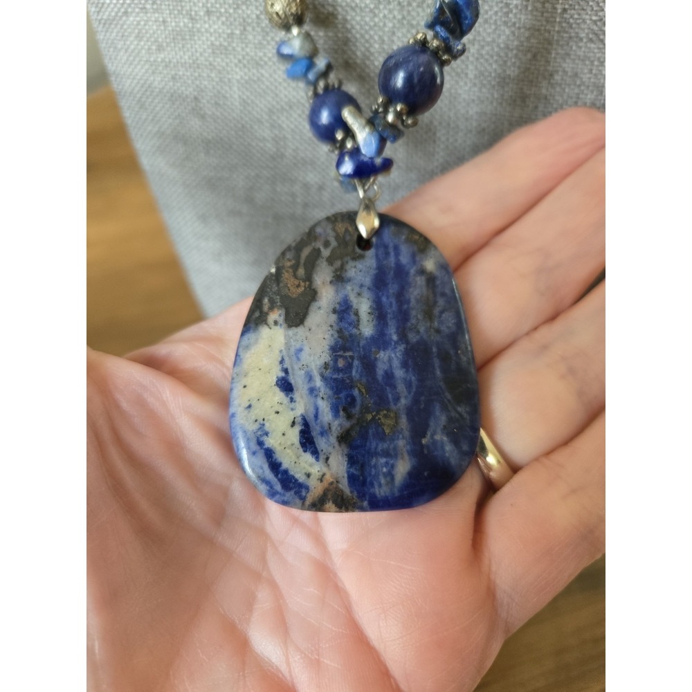 Vintage Sodalite Pendant Beaded Necklace Lapis Lazuli 18K GF Clamp Deep Blue - Picture 3 of 11